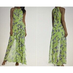 NWT Eliza J EJ8-8019 Yellow Blue Ruffle Halter Ruffle Maxi Dress Size 2
